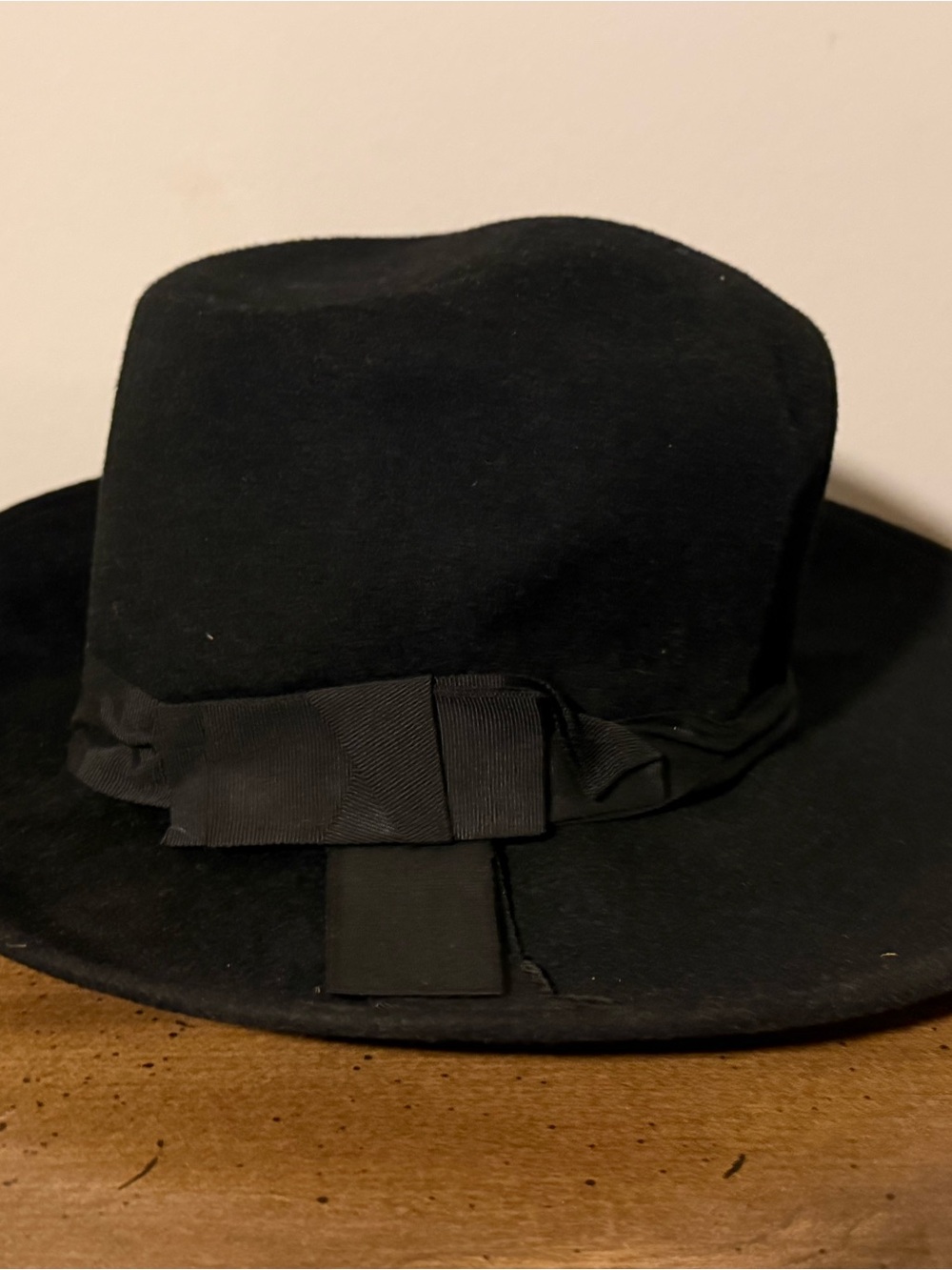 Vintage Astre Black Wool Felt Wide Brim Hat | Ribbon Bow | 100% Wool | WPL 3137